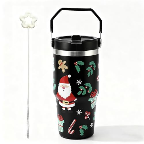 Hierbla 30oz (890ml) Weihnachtsthermobecher mit Griff & Strohhalm - Doppelwandige, vakuumisolierte Edelstahl-Reisebecher für Heißgetränke & Kaltgetränke - Weihnachtsgeschenke für Frauen & Männer