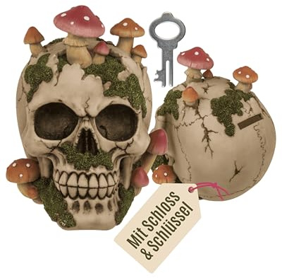 Out of the blue Spardose mit Schloss - Totenkopf Design mit Pilzbewuchs - Dekorative Sparbüchse aus Polyresin - Originelles Geldgeschenk zur Hochzeit - Für Kinder & Erwachsene