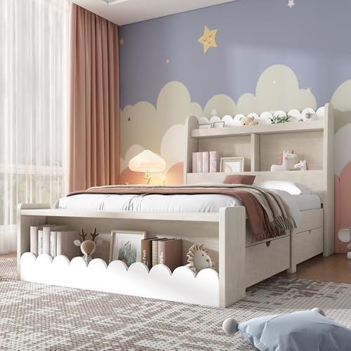 Merax Einzelbett 90x200 cm mit Schubladen, Regal & Sitzbank – Stauraumbett aus Holz, Weiß mit Eichefarben, Massives Bettgestell mit Lattenrost, Bett mit Stauraum, Ohne Matratze