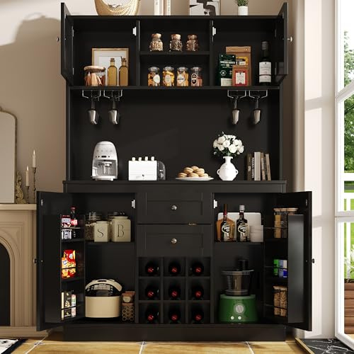 Merax Tall Kitchen Cabinet, 4 Door Kitchen Storage Cupboard,Sideboard/Buffet Cabinet for Kitchen,Dining Room & Living Room,with 2 Drawers,Adjustable Shelves & Wine Rack,120x40x188cm,Black