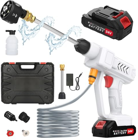 Idropulitrice a Batteria 18 Bar, 2 Batterie, Ugello 6 in 1 | tubo 5M, ricaricabile, per auto/giardino/terrazza, portatile, bianco