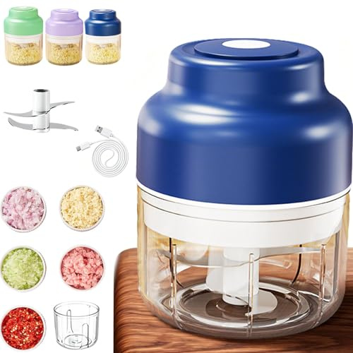 Household Electric Garlic Crusher, Electric Garlic Chopper, Mini Portable Veggie Chopper, USB Rechargeable, Wireless Veggie Grinder, For Mashing Onion, Garlic, Chili, Ginger (Blue, 4-Blade /250ml)