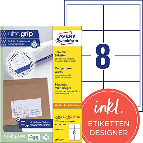 AVERY Zweckform 3660-200 Universal Etiketten (1.600 plus 160 Klebeetiketten extra, 97x67,7mm auf A4, bedruckbare Versandetiketten, selbstklebende Versandaufkleber mit ultragrip) 220 Blatt, weiß