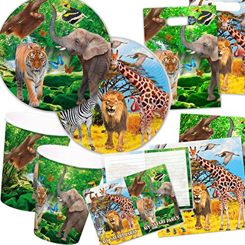 101-teiliges * SAFARI & WILDE TIERE * PARTY SET für Kindergeburtstag für 6-8 Kinder: Teller, Becher, Servietten, Einladungen, Partytüten, Luftschlangen, Luftballons, u.v.m. // Mottoparty Löwe Tiger Elefant Urwald Regenwald Savanne Steppe Afrika