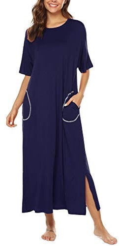 BESDEL 100% Cotton Knit Long Sleeve Nightgown for Women Full Length Sleep Dress Navy Blue XL