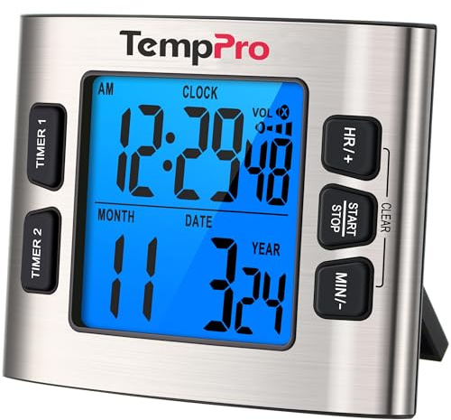 TempPro TM02 24H Digital Timer with Dual Kitchen Timers for Cooking, Magnetic Timer Clock with Adjustable Alarm Volume & LCD Backlit Display, Classroom Timer for Kids & Teachers(Previously ThermoPro)