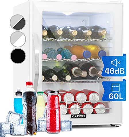 KLARSTEIN Mini Frigo Bar da Camera per Birra, Portatile, Piccolo da Ufficio, con Porta in Vetro, con Ripiani Rimovibili, 0-13°C, 60L