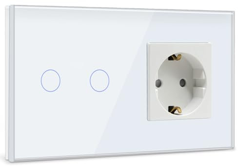 BSEED Touch Lichtschalter mit Steckdose mit LED Anzeige,2 Fach 1 Weg Wandschalter mit Steckdosen,Unterputz Touchscreen-schalter mit Glasrahmen Weiß(Max. Last: 3-500 W)(Nicht Smart Schalter)