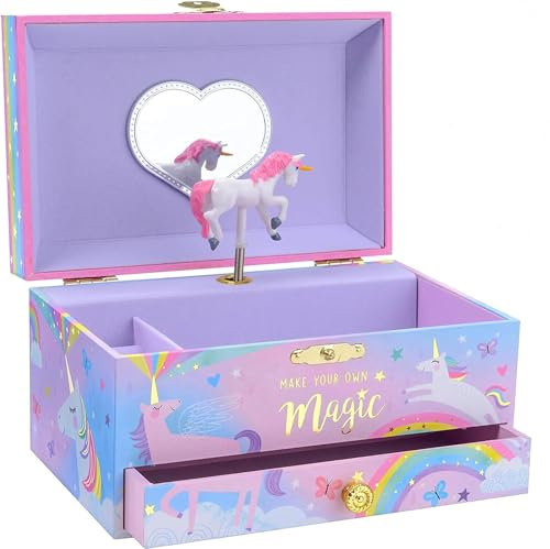 Jewelkeeper Musikalische Schmuckaufbewahrung für Mädchen mit Schublade und Einhorn-Design - Schmuckkästchen mit Spieluhr, Spiegel und Beautiful Dreamer Melodie
