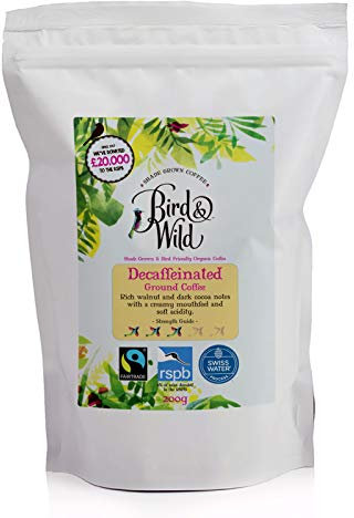 Fairtrade Organic Decaf Ground Coffee 200g - Ideal For French Press Cafetiere Filter Drip V60 Aeropress - Swiss Water Decaffeinated Process - Bird & Wild - Donation to RSPB - Strength 3