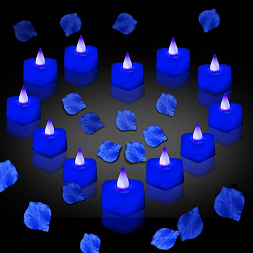 QOTSTEOS 24 Packs LED Candles Flameless Tea Lights with 1000 Packs Artificial Rose Petals, Heart Shape LED Tealight Candle for Romantic Night, Wedding, Party Decoration(Blue)