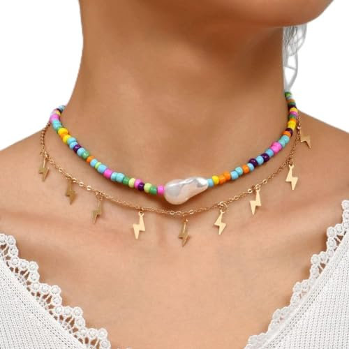 Wedity Boho Bunte Perlen Choker Halskette Blitz Anhänger Unregelmäßige Form Perlenkette Regenbogen Perlenketten Verstellbarer Schmuck für Frauen und Mädchen