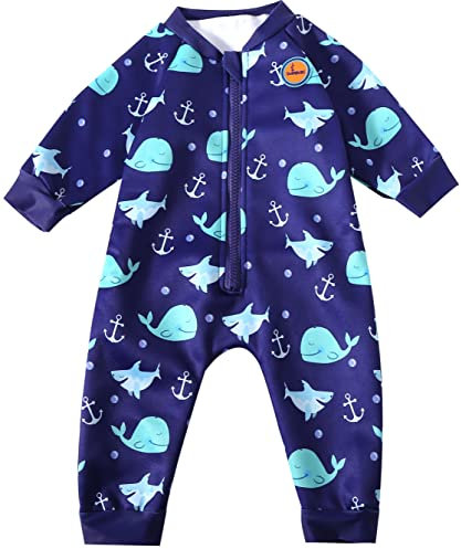 Swimbubs Traje de baño cálido para bebés con Forro Polar para niñas, protección Solar UPF 50 (6-12 Meses, Ballena Azul)