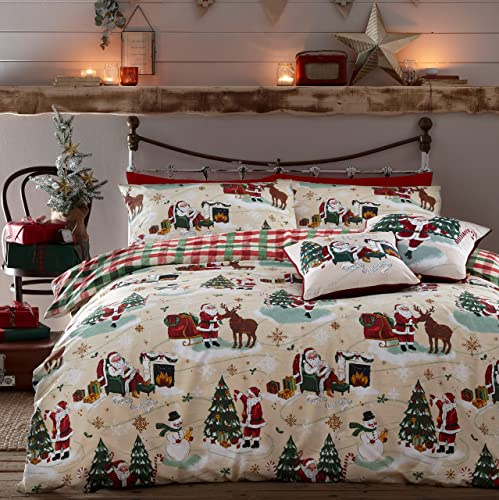 furn. Jolly Santa Bettwäsche Set (Mehrfarbig - Doppelbett) | Wendbar Weihnachten Weihnachtsmann Festlich Kariert Pflegeleicht Baumwollmischgewebe Bettwäsche