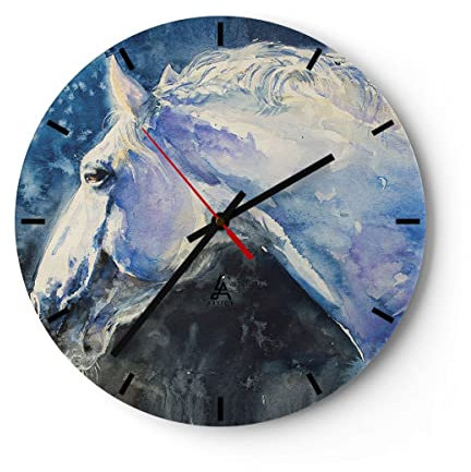 Modern Wanduhr Pferd Aquarell Porträt 40x40cm Rund Groß Wand Uhr Glas Analog Zimmeruhren Küche Büro Wohnzimmer Glasuhr Wall Clock Dekoration Design Wanddekoration Küchenuhr C3AR40x40-4272