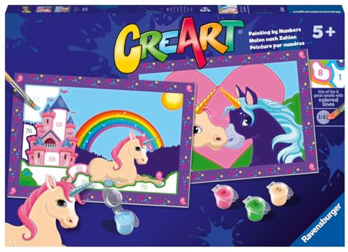 Ravensburger - CreArt Série Junior, Licornes, Kit de Peinture avec numéros, Contient 2 Tableaux pré-imprimés, Pinceau, Couleurs, Jeu créatif pour Hommes et Femmes à partir de 5 Ans