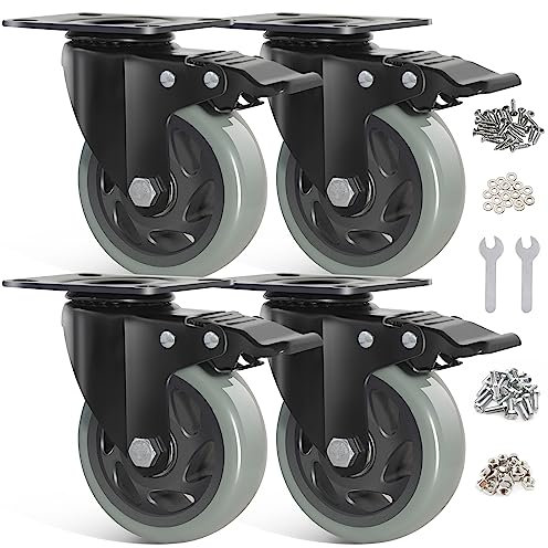 BAOLIHUI 100mm Graue Schwerlastrollen - 4er Set Lenkrollen mit Bremsen bis 600KG inkl. Montagezubehör Möbelrollen für Innen- und Außenbereich - Rollen für Möbel Multifunktionale Transportrollen
