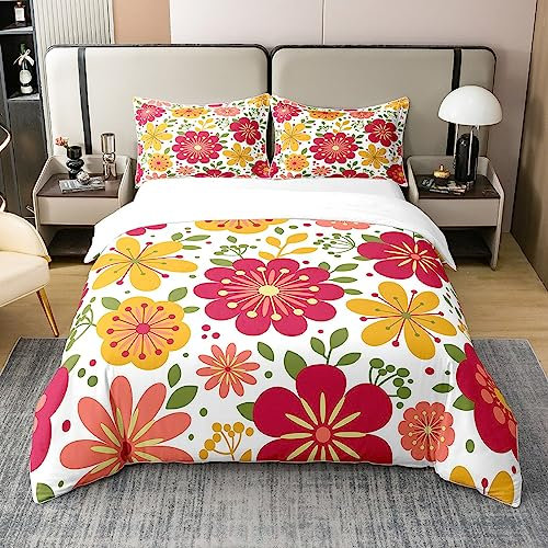 Hippie Blume 100% Baumwolle Bettwäsche Set 200x200,Bunte Groovy Florals Bettbezug Ästhetische Raum Dekor für Mädchen,Botanische Blüte Tröster Abdeckung Rosa Orange Boho Floral Bettdecke Abdeckung