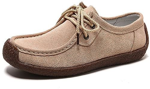 WOFANLULY Mocasines para mujer, con cordones, zapatos planos sin cordones, zapatos casuales de moda para mujer, zapatos náuticos de gamuza sintética, beige, 40.5 EU