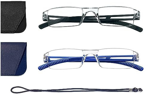 Hubeye 2er-Pack Rahmenlose Lesebrille Leicht und Bequem Anti Blaulicht Lesehilfe für Damen Herren mit Brillenholster 2.25