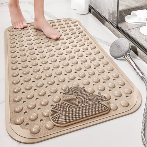 Tappetino Doccia Antiscivolo 90x60cm,Tappeto Doccia Antiscivolo con Ventose e Fori di Drenaggio,per Vasca,Bagno,Beige