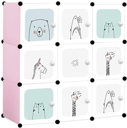 Kids Collective Modularer Schrank für Kinder, 9 Türen mit Märchendruck, Kombischrank, Steckregal, 3 kg Kammerkapazität, Polypropylenplatten, schimmel- und wasserbeständig, 110 x 37 x 110 cm in pink