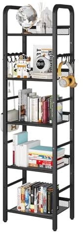 YMYNY Libreria a 5 strati, Libreria, Racchetto di stoccaggio, Mensole, Gancio a S 8 pezzi, Struttura in metallo, Stile minimalista, per Soggiorno, Ufficio, Bagno, Nero HBC055B