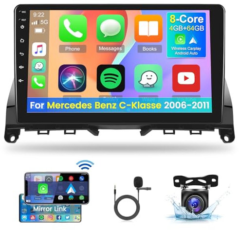 9 Zoll 8 Core Android Autoradio für Mercedes Benz C-Klasse W204 S204 2006-2011 mit Carplay und Android Auto - 4+64G Radio WiFi GPS DSP Mirror Link Voice Assitant + Rückfahrkamera & Mic