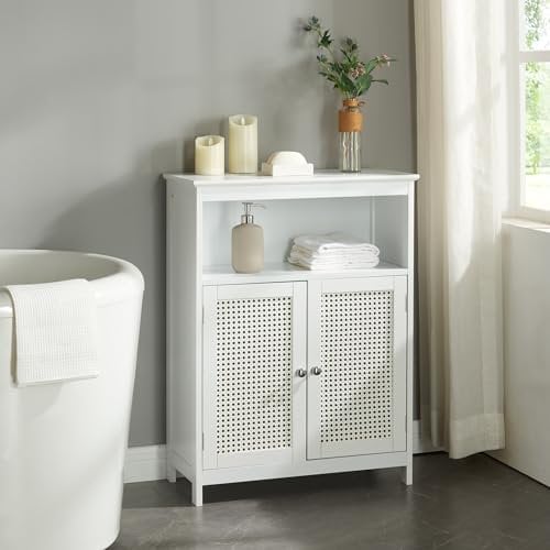 [en.casa] Badezimmerschrank Karlsøy Midischrank Badschrank 2 Schranktüren im Rattan Design Beistellschrank Kommode 80 x 60 x 28 cm Weiß