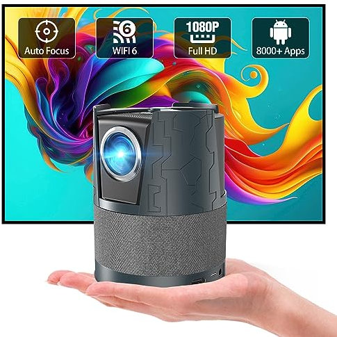 Portable Projector 4K Support Auto Focus HDR,1080P Ultra HD Mini Smart Home Theater Projector with WiFi 6 Bluetooth,Android TV,50% Zoom,1.12:1 Shorter-Throw,for Bedroom Gaming Outdoor Camping
