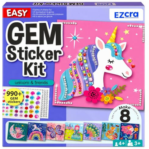 EZCRA Edelstein Sticker Kit für Kinder - 990+ Sticker, 8 Einhorn Themen | 990+ Edelstein-Sticker, 8 Einhorn und Prinzessin Themen. Schmutzfreies DIY für Mädchen 3-8 Jahre. Tolles Geburtstagsgeschenk.