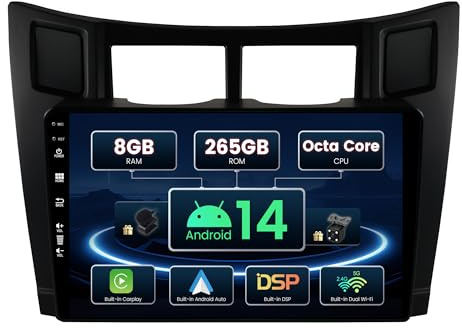 SXAUTO ¦ 8G+256G ¦ Android 14 IPS Autoradio Per Toyota Yaris XP90 (2005-2012) - Senza fili Carplay & Android Auto - LED Camera + MIC - DAB Fast-boot Volante 360-CAM DSP WIFI -2 Din 9 Pollici