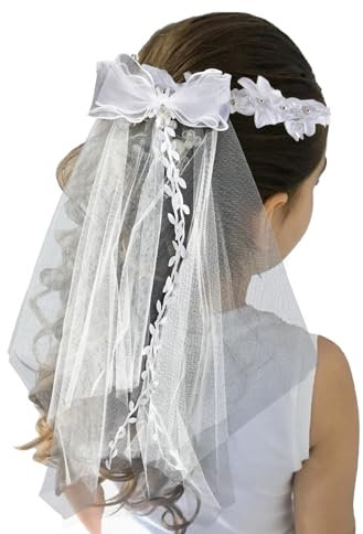 Degpum Schleier zur Erstkommunion, für Mädchen, Erstkommunion, weißer Blumenkranz, Spitzenschleier, Weiss/opulenter Garten, Standard