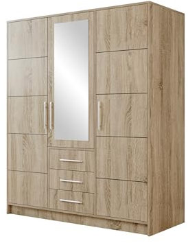 Mirjan24 Drehtürenschrank Bado 3D, Kleiderschrank mit Spiegel, 3 Schubladen und Spiegeltüren, Elegantes Schlafzimmer Schrank, Jugendzimmer (Sonoma Eiche, ohne Schrankaufsatz)