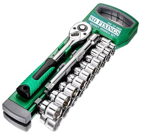 SDFIXINGS 12pcs Metric Socket Drive Set 8-24mm with Quick Release 1/2 Drive Ratchet Wrench 24 Teeth & 5 Extension Bar, High Grade Chrome Vanadium Steel, Rust Resistant, Car Garage Mechanic Home DIY