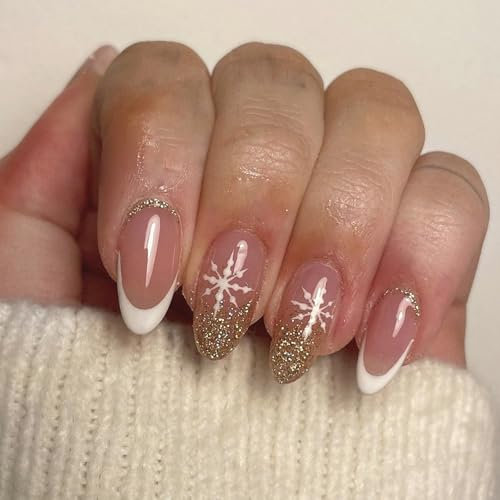 24 Stück Weihnachten Nägel Zum Aufkleben Kurz - Mandel Falsche Nägel Französische Weiß Schneeflocken & Gold Glitter Kunstnägel Press on Nails Acryl Full Cover Fingernägel für Frauen und Mädchen (Gold)