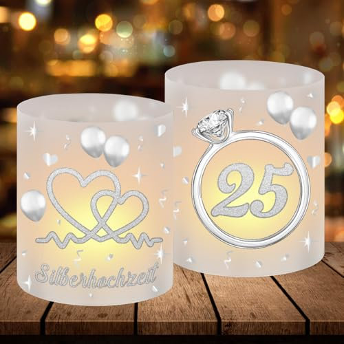 12 Windlicht Tischdeko Silberhochzeit, 25 Hochzeitstag Deko, Silberhochzeit Windlicht Personalisiert, Deko Hochzeit Tisch Silber, Geeignet für Teelichter oder Kerzen