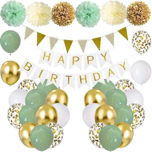 Geburtstagsdeko Grün Gold, Kindergeburtstag Deko Mädchen Junge, Geburtstag Party Deko Avocado Grüne Gold Luftballons, Happy Birthday Banner, Pompons für Männer Frauen 18-60.Geburtstag Party Dekoration