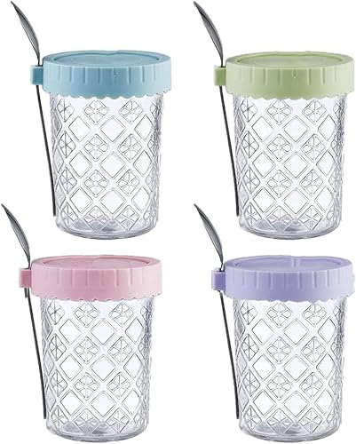 H.JSS WDJS Glass Overnight Oats Jar with lids and spoons, glass Mason Jars Containers with Spoon, glass food Containers for Overnight Oats Breakfast Yoghurt CerealFruit Salad