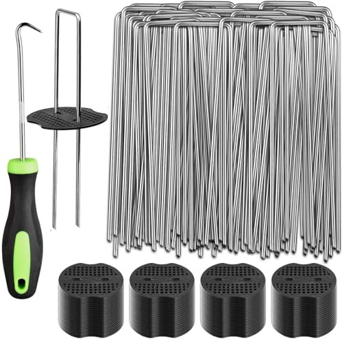 201Pcs Garden Stakes Staples Kit, 100Pcs 6 Inch U-Shaped Landscape Staples, 100Pcs Fixing Gasket with 1Pc Pick Hook for Weed Barrier Fabric, Ground Cover, Holding Fence and Artificial Turf