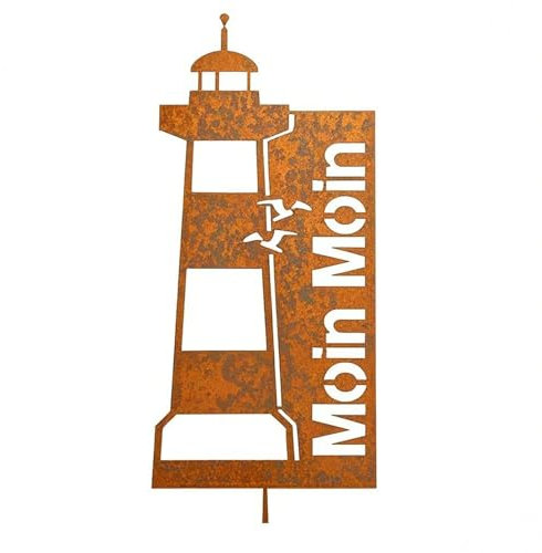 MOAZIFI Leuchtturm Garten Deko - Wetterfeste Maritime gartendeko für draußen wetterfest, Großes Dekoelement für Outdoor-Bereiche in Rostoptik, Moin Moin Schild