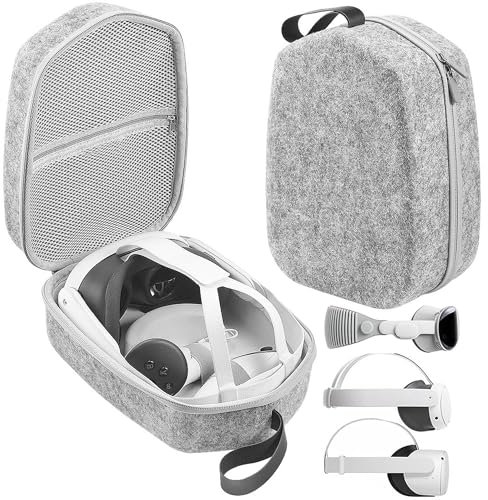 MINGZE VR Headset Storage and Hard Carrying Case, Hard Travel Case Compatible with Meta Quest 3/Quest 2, Battery Strap and Controllers Accessories VR Head Strap/Touch Controllers/Adapter Cases