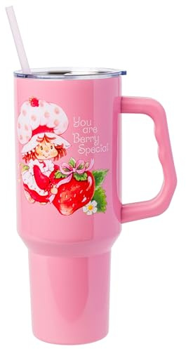 Silver Buffalo Strawberry Shortcake You are Berry Special Vintage Berry Pink Stainless Steel Tumbler with Handle and Straw, Fits in Standard Cup Holder, 40 Ounces