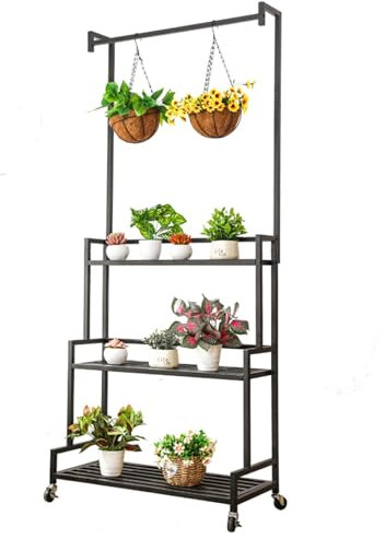 3-stufiger Pflanzentreppe Outdoor Aus Metall, Hängeregal mit Rollen, 188 Cm Hoch, Blumenregal for Mehrere Blumenpräsentationen, Leiterregal, Balkonregal for Wohnzimmer, Balkon, Terrasse, Garten(Black,
