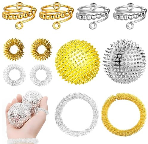 12 Stück Skills Set 2 Igelball Massageball Metall 4 Anti Stress Ring 4 Akupressur Ring 2 Massage Armbände Verstellbare Skills Ringe Igelbällen Für Stress Relief Oder Massage (Gold, Silber)