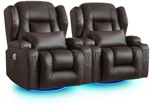 SAMERY Relaxsessel Elektrisch mit Massage & Heizung, Kunstleder Fernsehsessel mit Liegefunktion, 270° Drehbar & 30° Wippbar, USB/LED/Typ-C – Kinosessel TV Sessel Sofa Chair für Wohnzimmer (2, Braun)