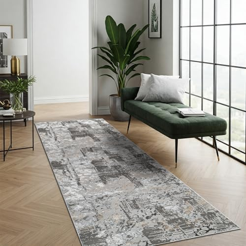 TAPISO Crystal Teppichläufer Kurzflor Glänzend Grau Dunkelgrau Weiß Schwarz Marmoreffekt 3D Effekt Abstraktes Muster Wohnzimmer Schlafzimmer Modern Design ÖKO-TEX 80 x 250 cm