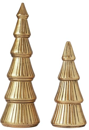 DN DECONATION Weihnachtsbaum Figuren aus Holz, Weihnachtsbaum Dekoration | Set aus 2 Goldenen Weihnachten Baum Deko Holz Tannenbaum Tischdekorationen für Weihnachtsdekoration, Kamin, Regal & Tischdeko