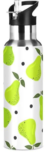 Sevdomey Borraccia con pere verdi con coperchio con cannuccia, in acciaio inox, isolata sottovuoto, per sport, ciclismo, escursionismo, palestra, scuola, casa