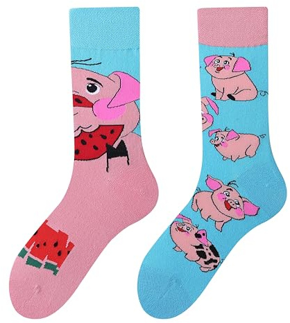 NxnChc Chaussettes Drôles Pour Femmes Et Hommes Unisexe Multi Motifs Cochonnet rose Animaux Nourriture Sport Art Coton Cadeau Design Asymétrique Gauche-Droite